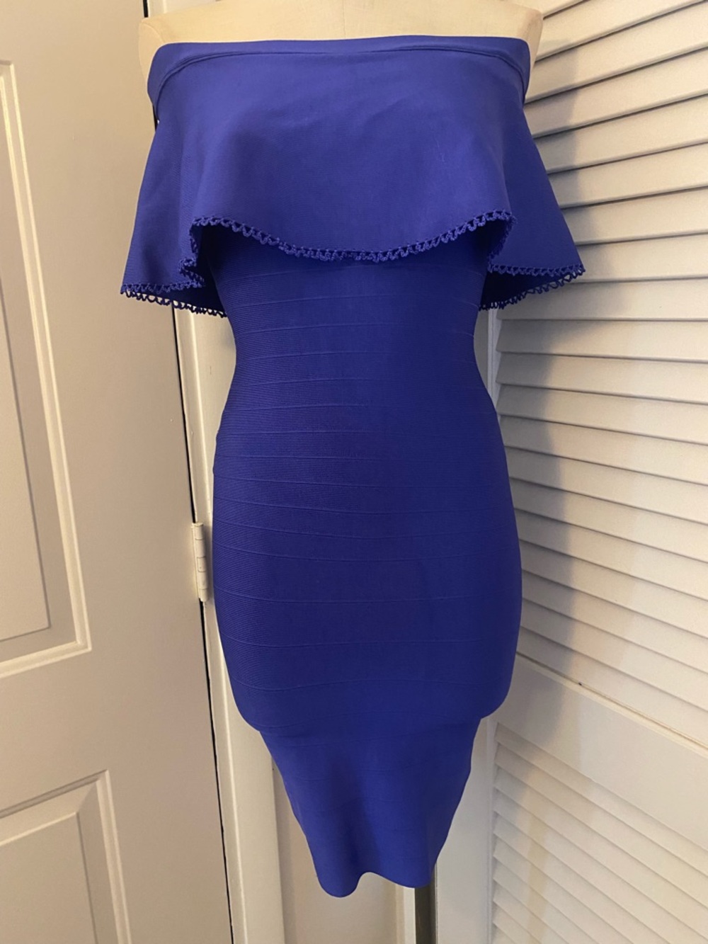 Marciano Cobalt Off-Shoulder Ruffle Bodycon Dress- Size Small